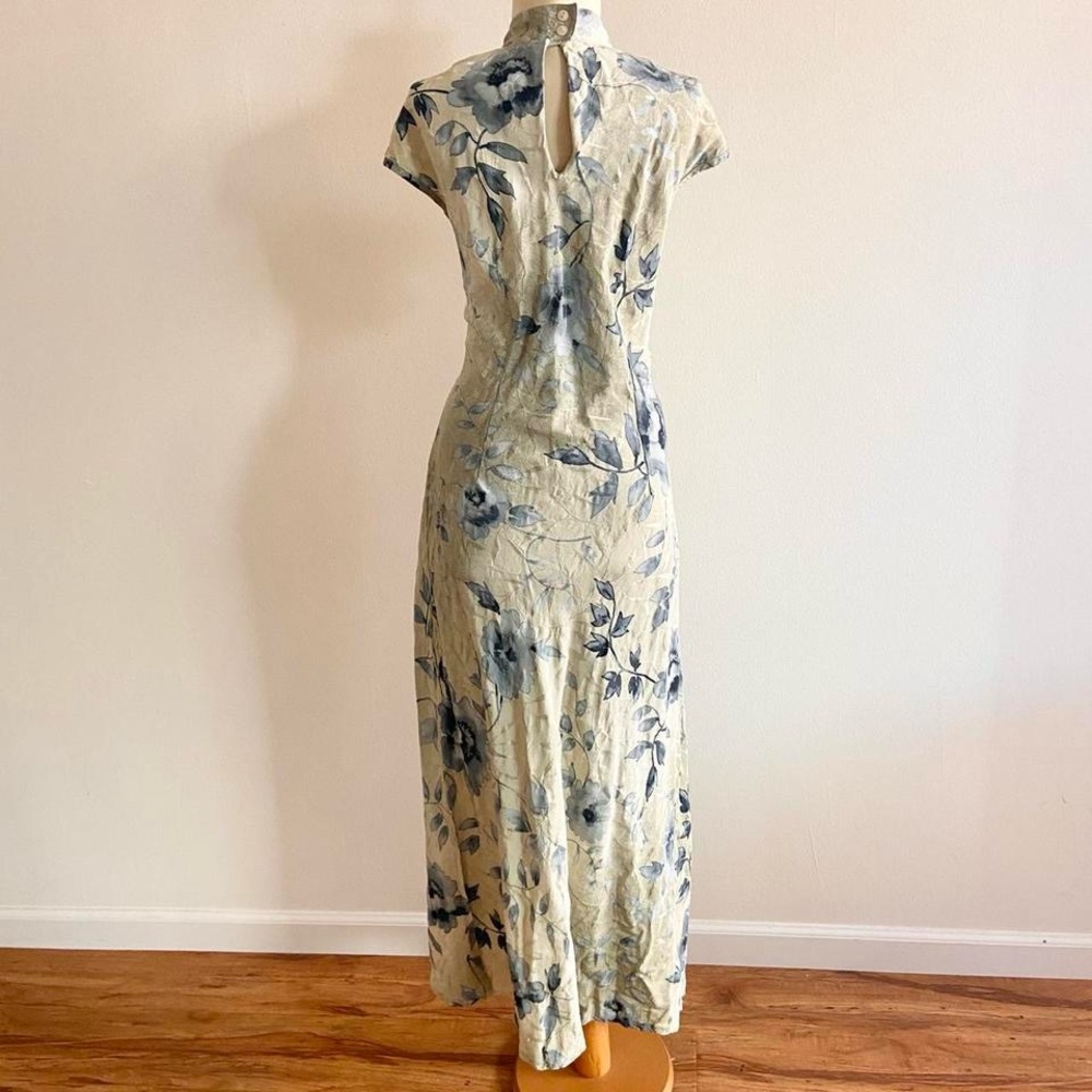 Cream and blue vintage mock neck maxi dress v